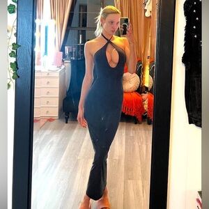 SKIMS Black Cross-Halter Keyhole Maxi Slip Dress